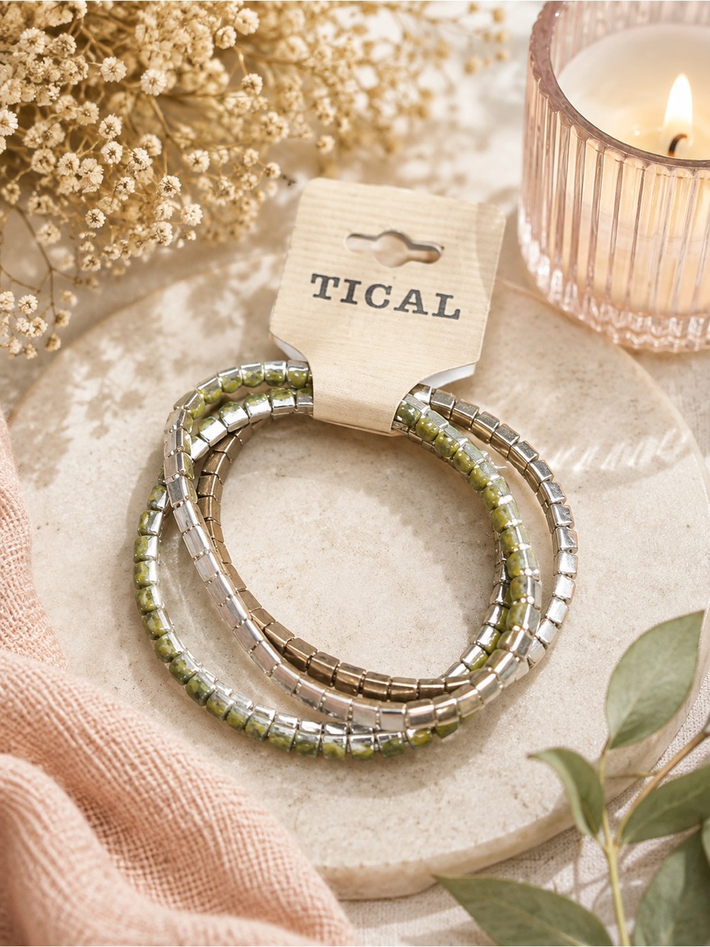 Green and bronze silver Stretch Beaded Bracelet Set of 3